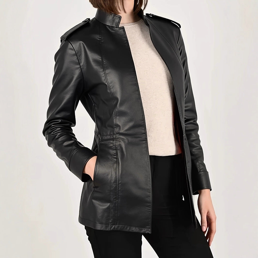 Women’s Distressed Leather Jacket Coat – Stand Collar Long Sleeve Fashion Outerwear