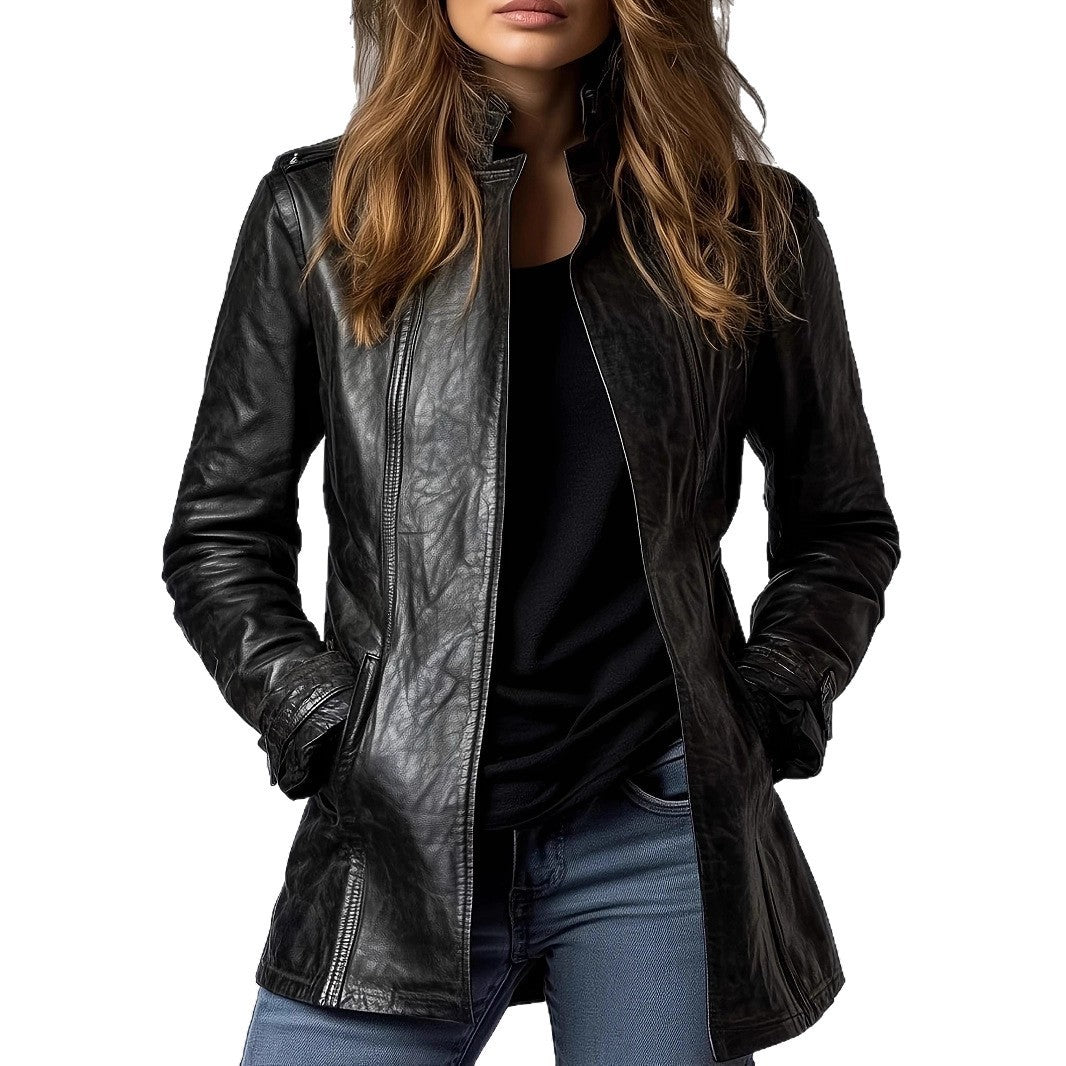 Women’s Distressed Leather Jacket Coat – Stand Collar Long Sleeve Fashion Outerwear