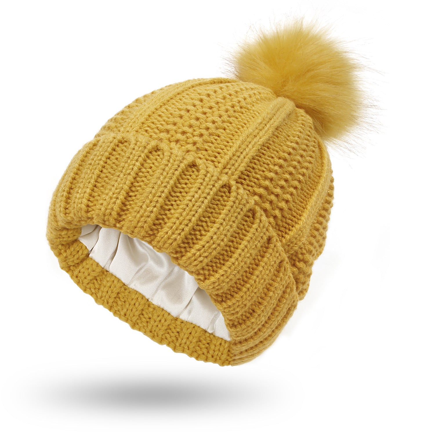 Women’s Satin Lined Knit Beanie Hat – Winter Warm Skull Cap with Faux Fur Pom Pom, Fashion Stretchy Beanie