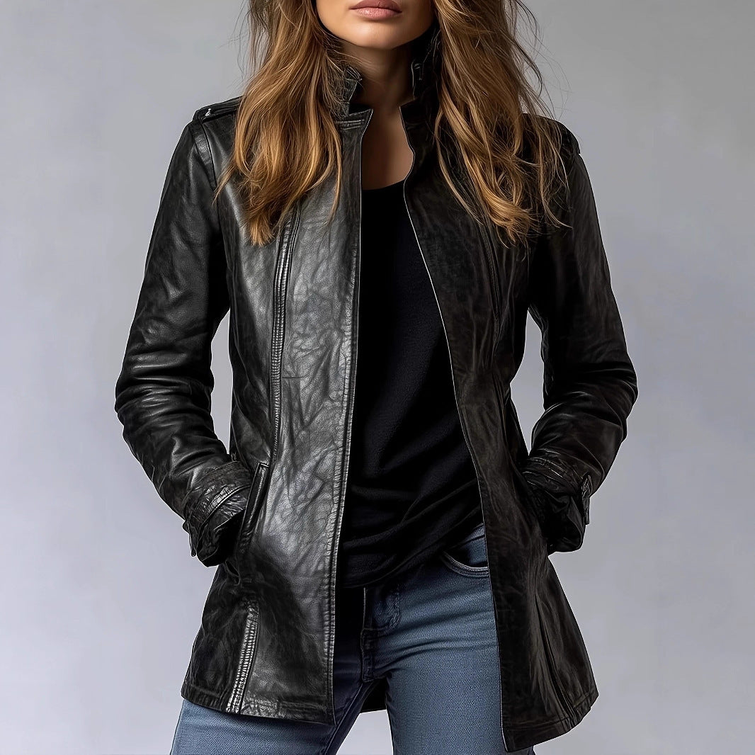 Women’s Distressed Leather Jacket Coat – Stand Collar Long Sleeve Fashion Outerwear