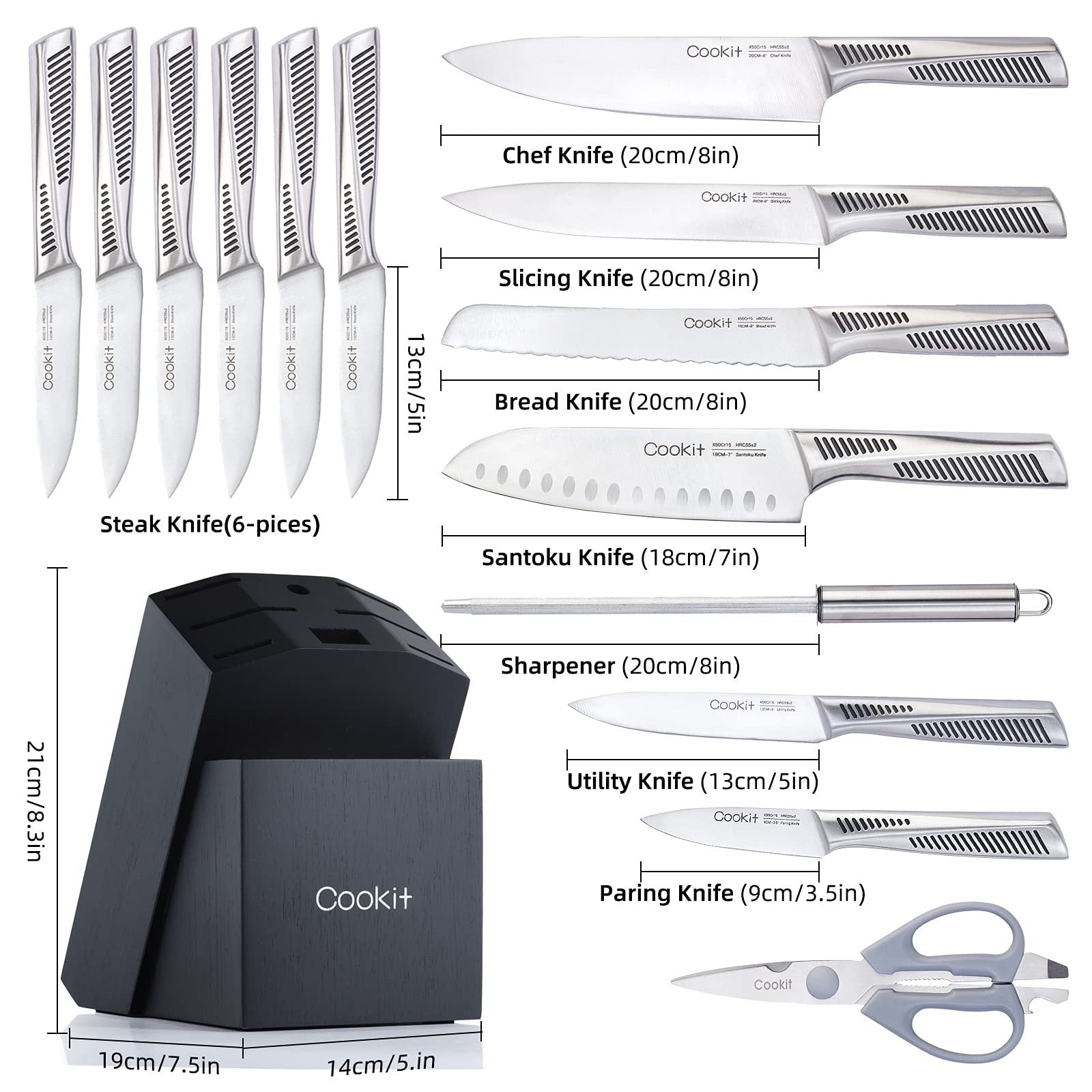 15-Piece Kitchen Knife Set with Block – Professional German Stainless Steel Chef Knives, Non-Slip Hollow Handle Cutlery Set with Scissors & Knife Sharpener