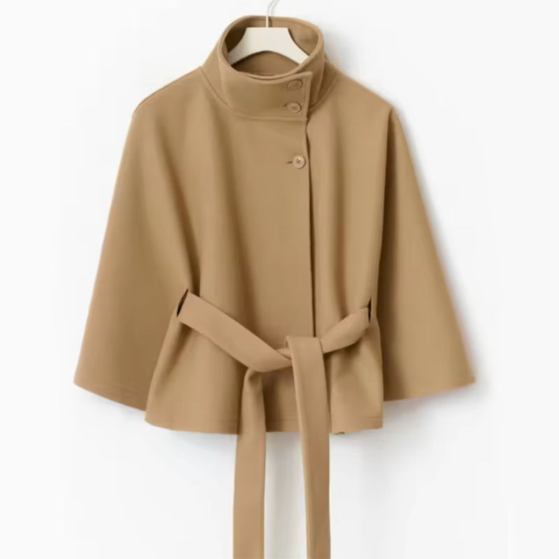 Women’s Winter High Neck Batwing Sleeve Coat with Belt – Elegant Loose Fit Button Top Trench Coat