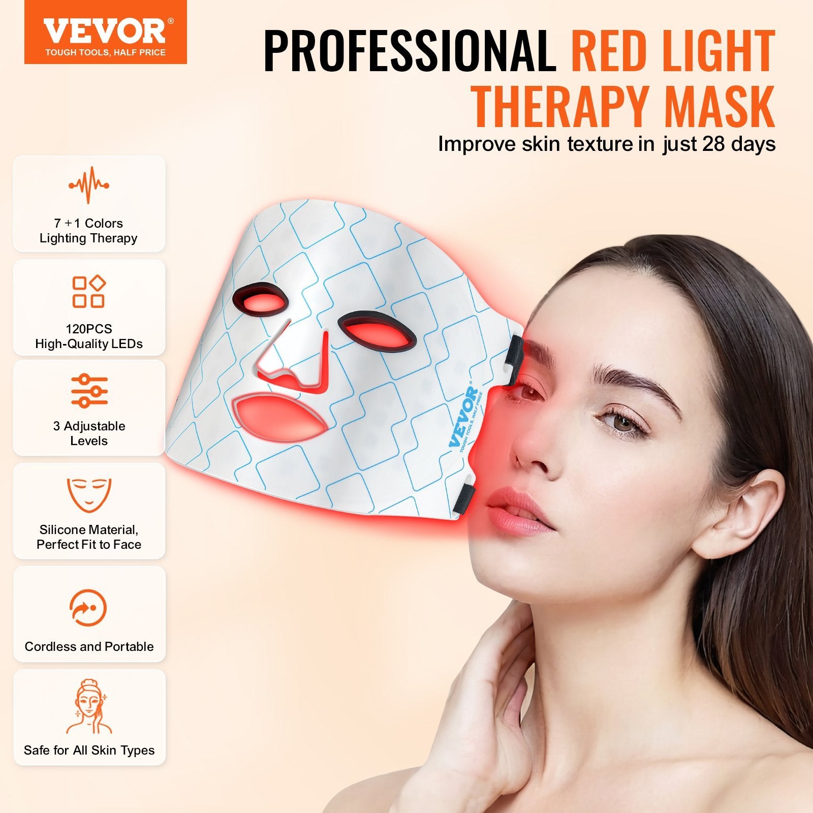 VEVOR 7-Color Red Light Therapy Mask – LED Face Mask with 850nm NIR for Skin Rejuvenation, Anti-Aging & Acne Treatment