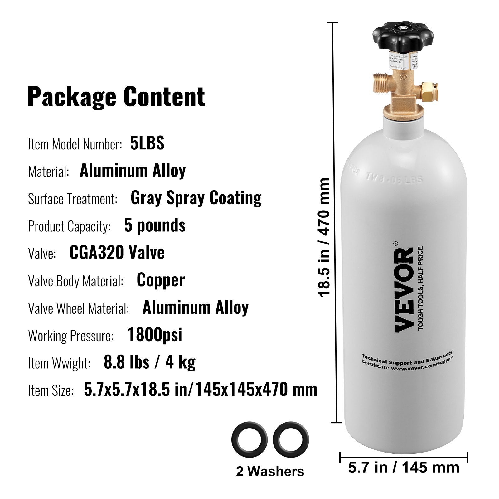VEVOR 5 Lbs CO2 Tank – Aluminum Gas Cylinder with CGA320 Valve for Draft Beer, Soda & Home Brewing