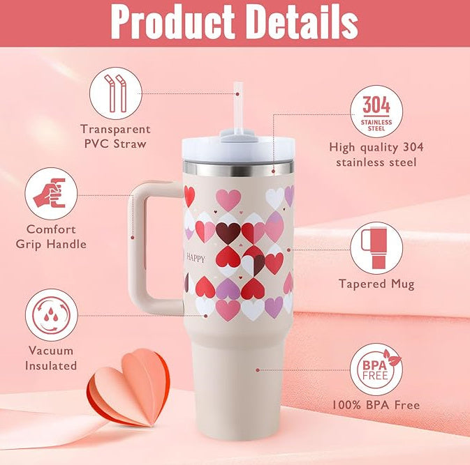 40 Oz Insulated Tumbler with Handle & Straw – Stainless Steel Spill-Proof Vacuum Coffee Mug with Lid, Travel Tapered Cup for Car, Gym, Office & Valentine’s Day Gifts