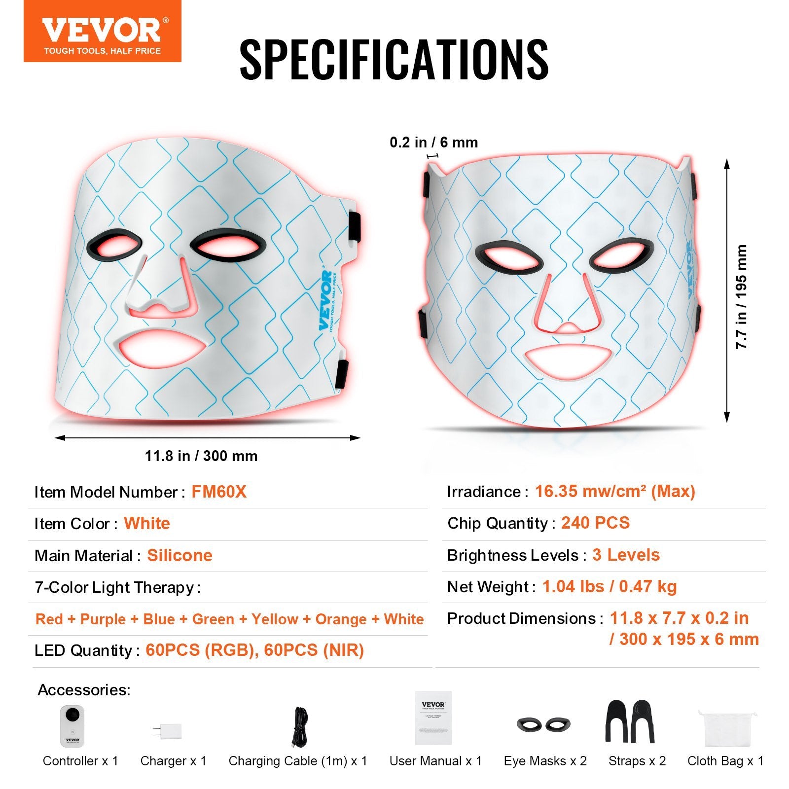 VEVOR 7-Color Red Light Therapy Mask – LED Face Mask with 850nm NIR for Skin Rejuvenation, Anti-Aging & Acne Treatment